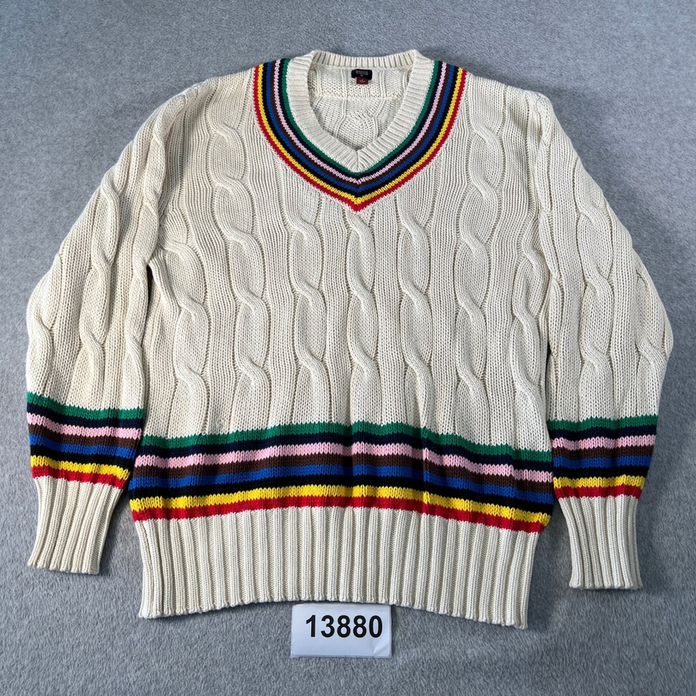 Rowing Blazers Cable Knit Sweater Mens Medium Beige Rainbow Stripe Cotton V Neck
